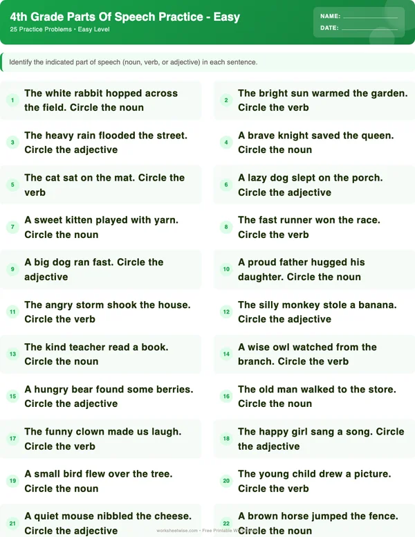 4th Grade Parts of Speech Worksheets - Dinosaur Theme (Easy)