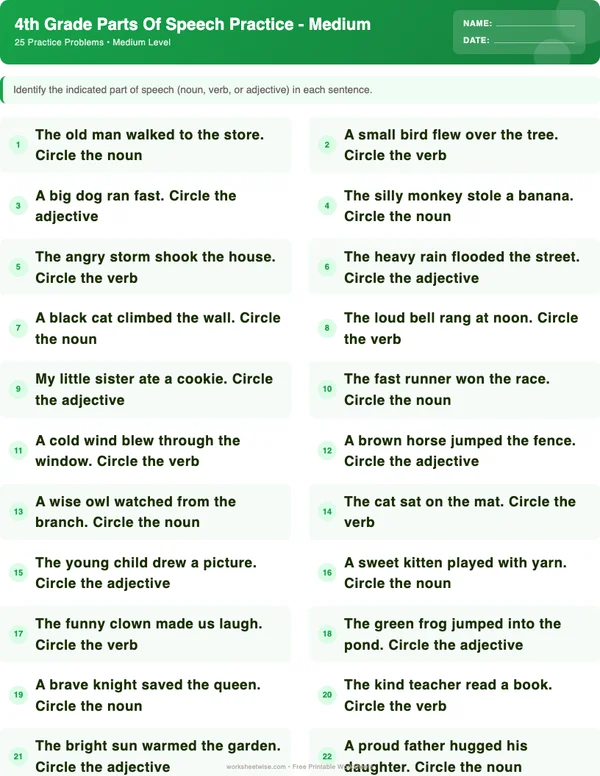 4th Grade Parts of Speech Worksheets - Dinosaur Theme (Medium)