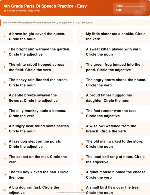 4th Grade Parts of Speech Worksheets - Halloween Theme (Easy)