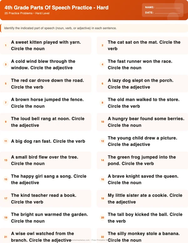 4th Grade Parts of Speech Worksheets - Halloween Theme (Hard)