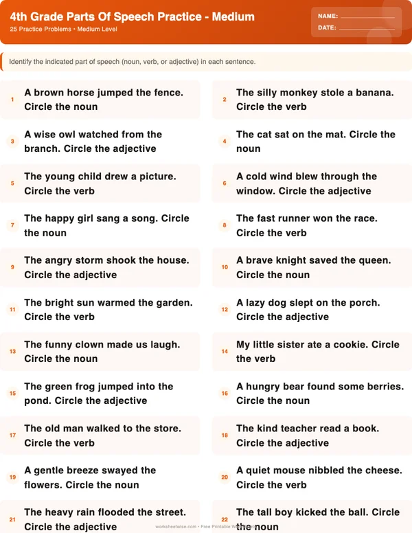 4th Grade Parts of Speech Worksheets - Halloween Theme (Medium)