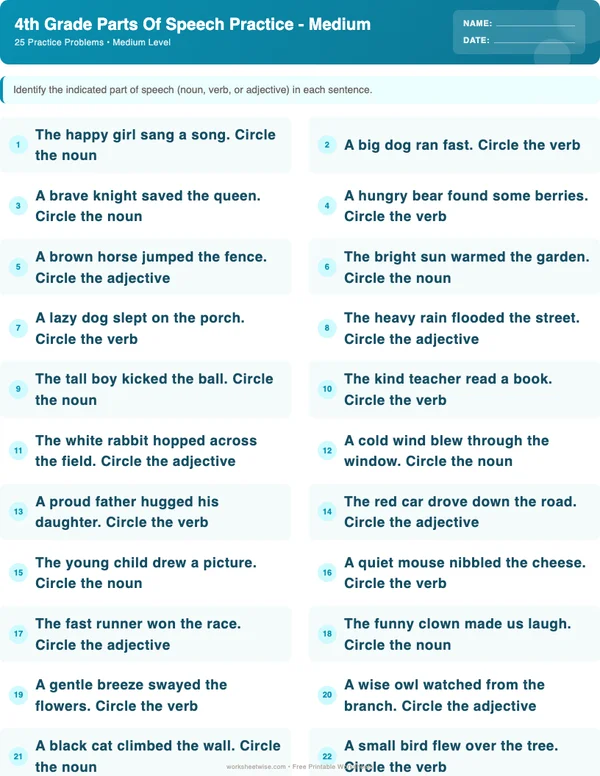 4th Grade Parts of Speech Worksheets - Ocean Theme (Medium)