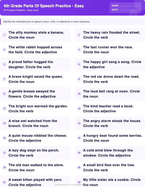 4th Grade Parts of Speech Worksheets - Space Theme (Easy)