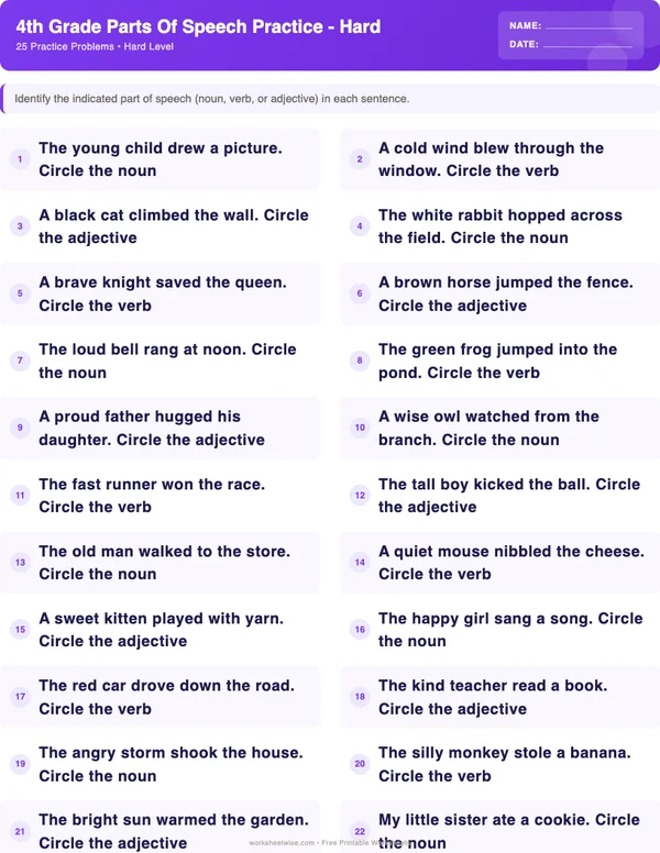 4th Grade Parts of Speech Worksheets - Space Theme (Hard)