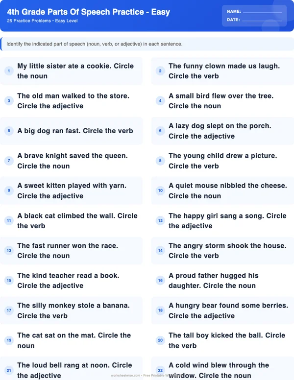 4th Grade Parts of Speech Worksheets - Standard Theme (Easy)