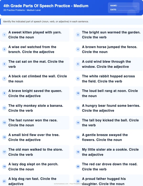 4th Grade Parts of Speech Worksheets - Standard Theme (Medium)