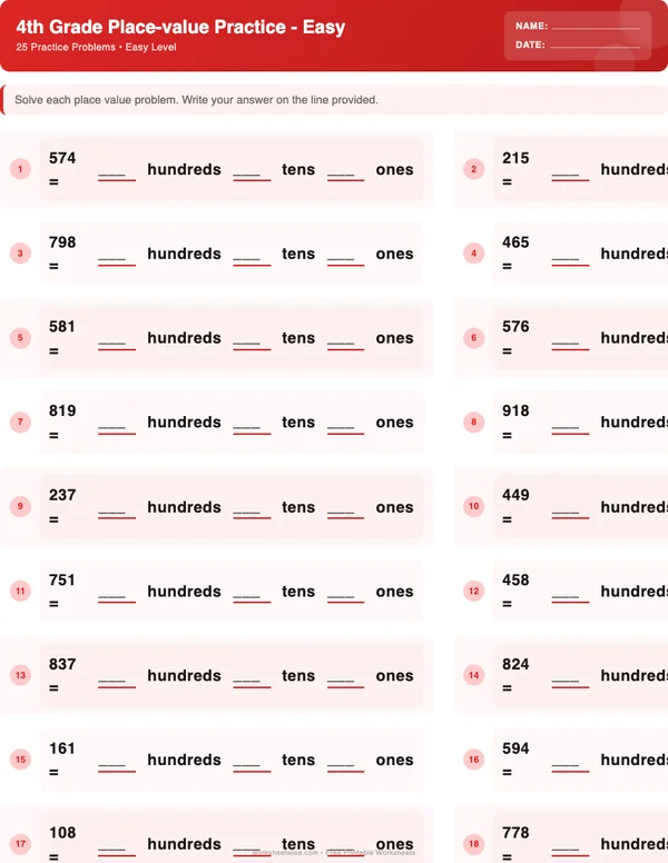 4th Grade Place Value Worksheets - Christmas Theme (Easy)