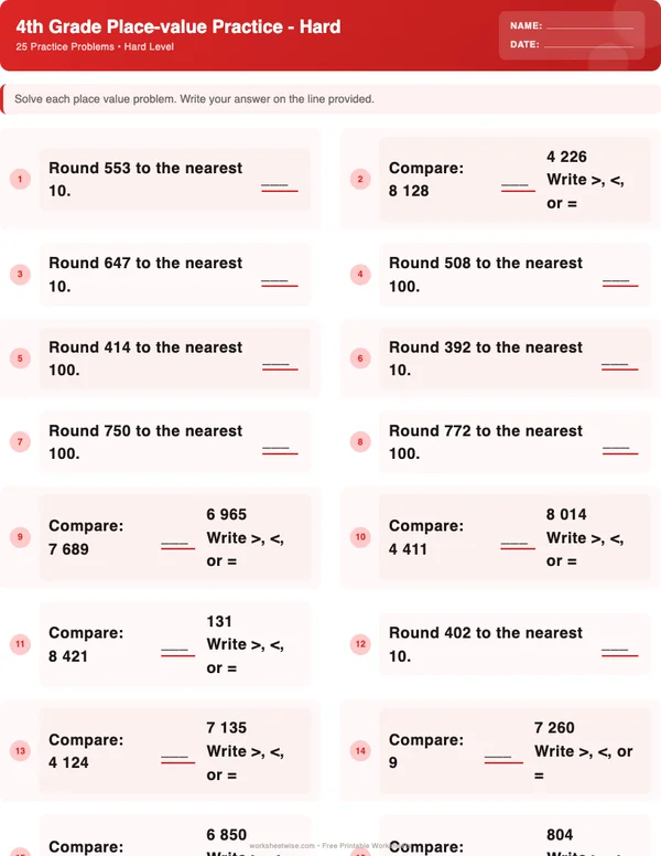 4th Grade Place Value Worksheets - Christmas Theme (Hard)
