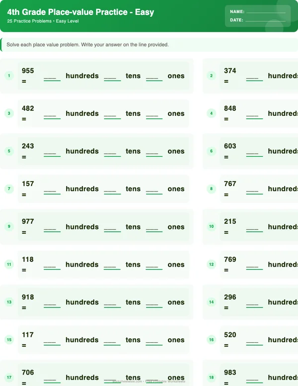 4th Grade Place Value Worksheets - Dinosaur Theme (Easy)