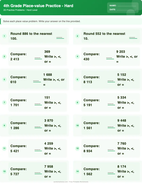 4th Grade Place Value Worksheets - Dinosaur Theme (Hard)