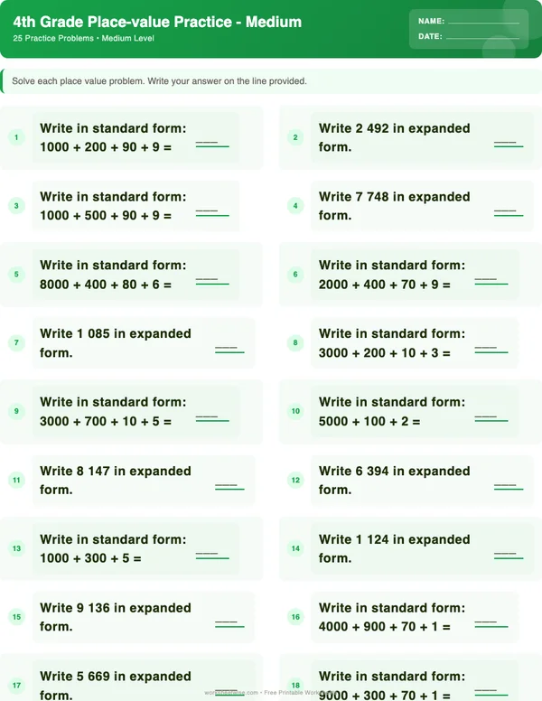 4th Grade Place Value Worksheets - Dinosaur Theme (Medium)
