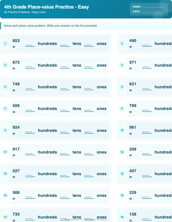4th Grade Place Value Worksheets - Ocean Theme (Easy)