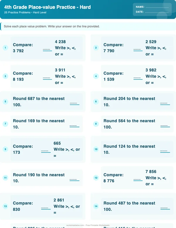 4th Grade Place Value Worksheets - Ocean Theme (Hard)