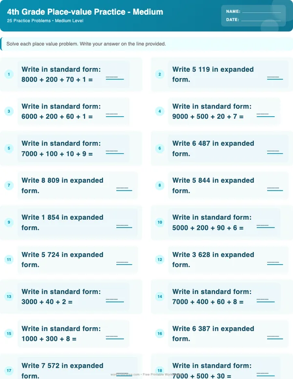 4th Grade Place Value Worksheets - Ocean Theme (Medium)