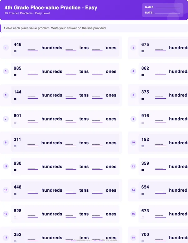 4th Grade Place Value Worksheets - Space Theme (Easy)