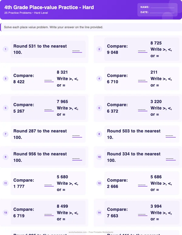 4th Grade Place Value Worksheets - Space Theme (Hard)