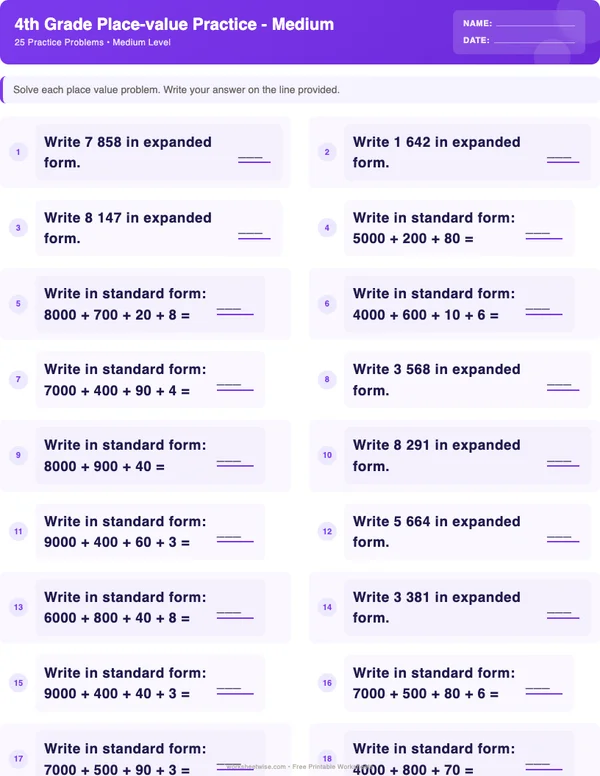 4th Grade Place Value Worksheets - Space Theme (Medium)