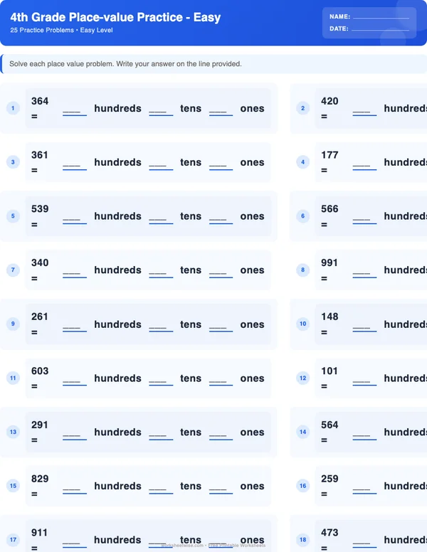 4th Grade Place Value Worksheets - Standard Theme (Easy)