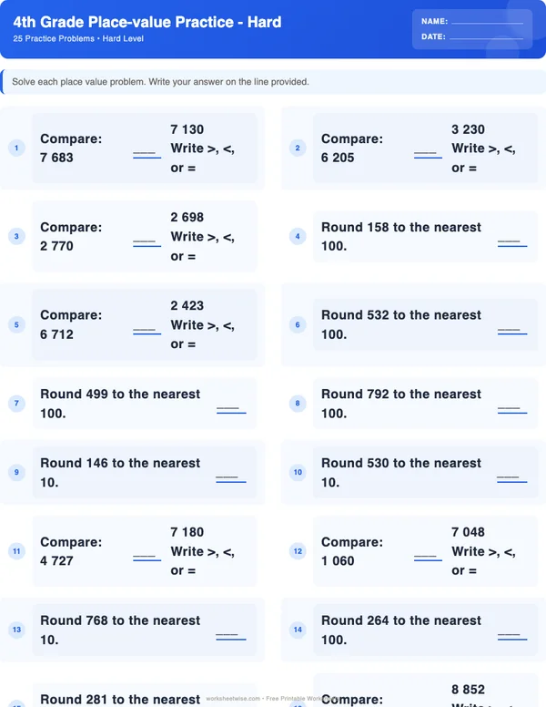 4th Grade Place Value Worksheets - Standard Theme (Hard)