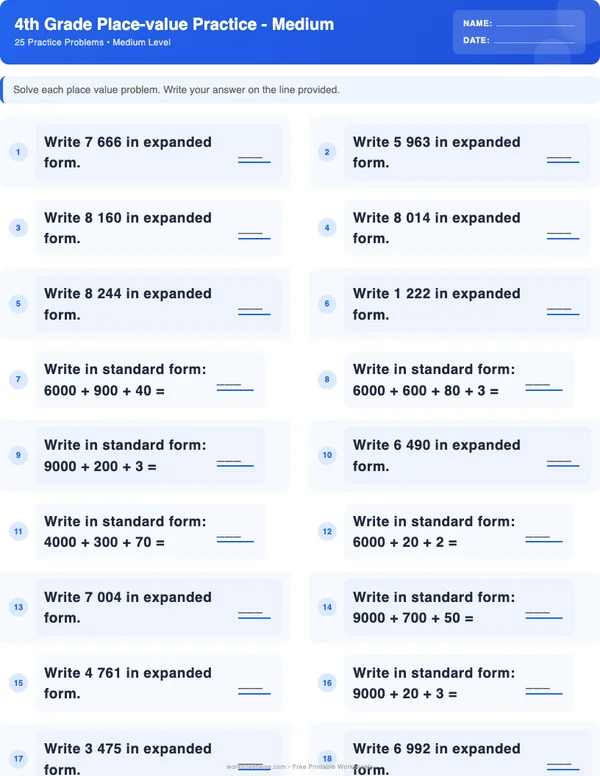 4th Grade Place Value Worksheets - Standard Theme (Medium)