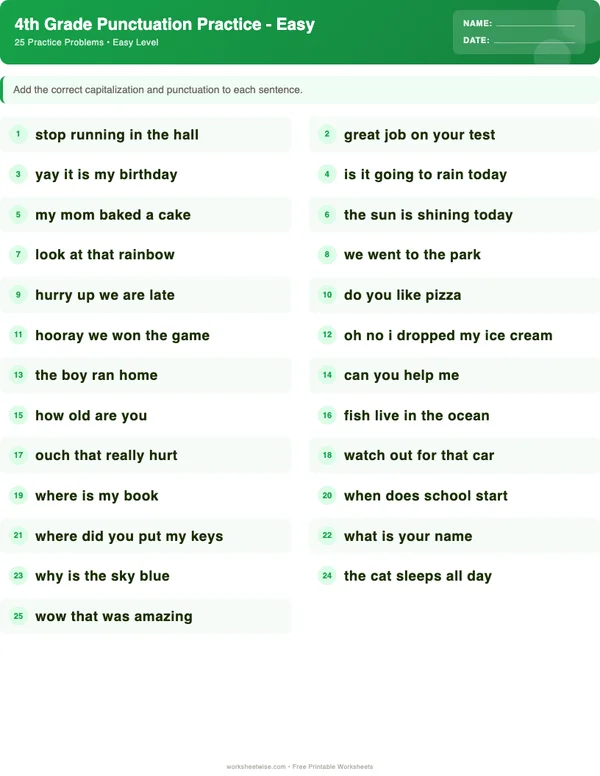 4th Grade Punctuation Worksheets - Dinosaur Theme (Easy)