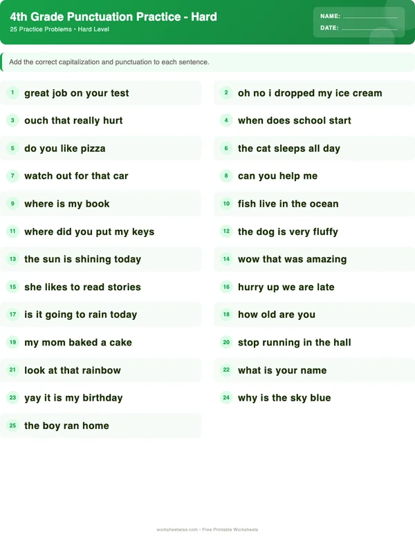 4th Grade Punctuation Worksheets - Dinosaur Theme (Hard)