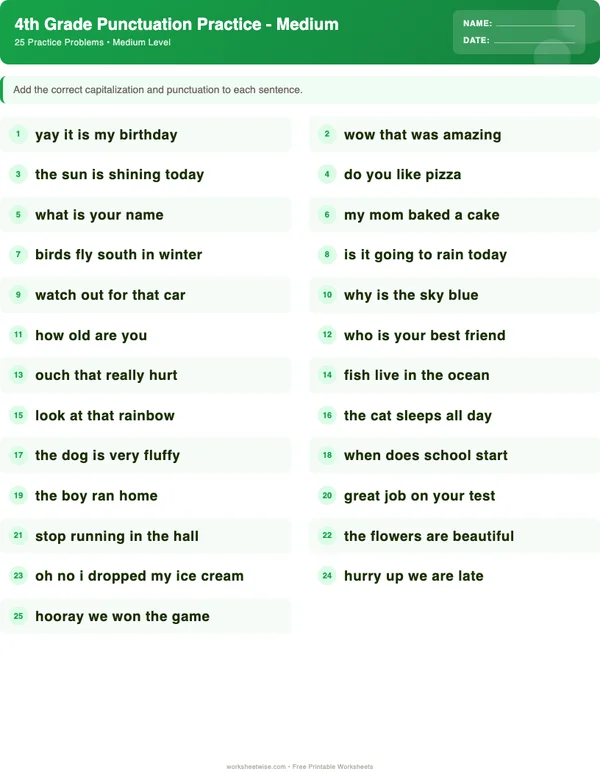 4th Grade Punctuation Worksheets - Dinosaur Theme (Medium)