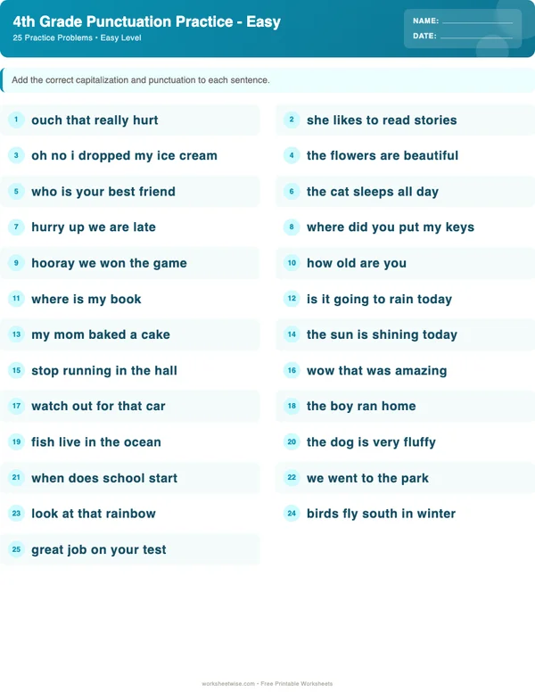 4th Grade Punctuation Worksheets - Ocean Theme (Easy)