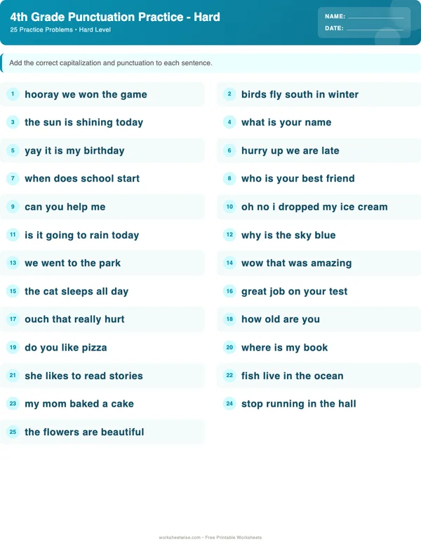 4th Grade Punctuation Worksheets - Ocean Theme (Hard)