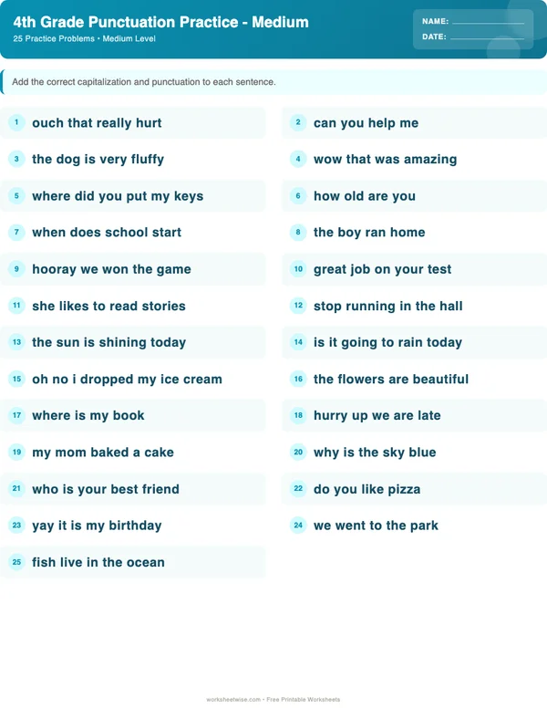 4th Grade Punctuation Worksheets - Ocean Theme (Medium)