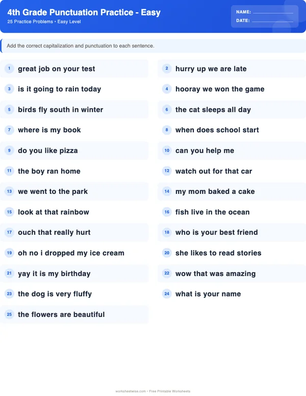 4th Grade Punctuation Worksheets - Standard Theme (Easy)