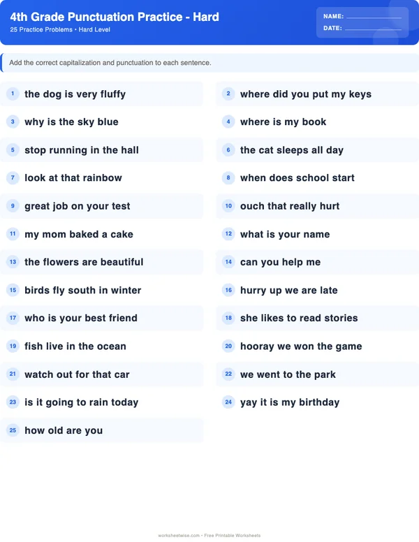 4th Grade Punctuation Worksheets - Standard Theme (Hard)