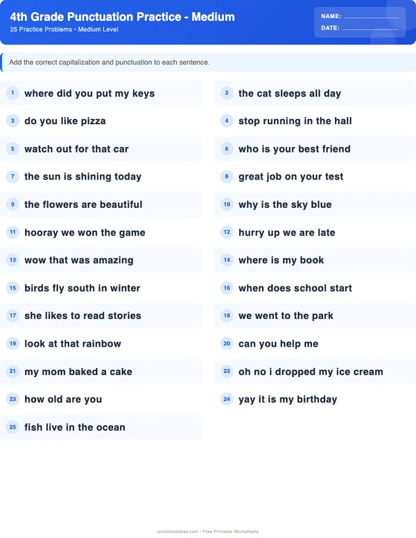 4th Grade Punctuation Worksheets - Standard Theme (Medium)