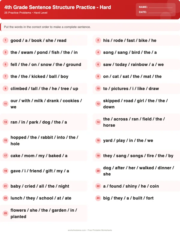 4th Grade Sentence Structure Worksheets - Christmas Theme (Hard)