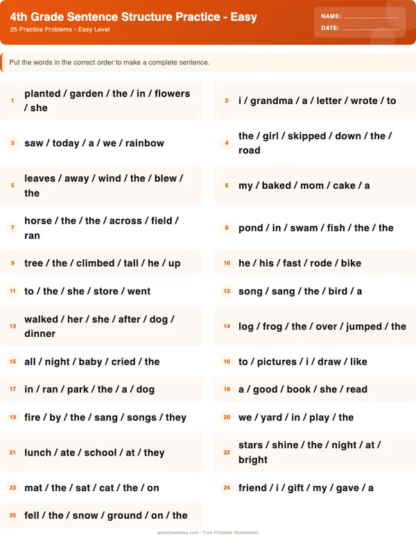 4th Grade Sentence Structure Worksheets - Halloween Theme (Easy)