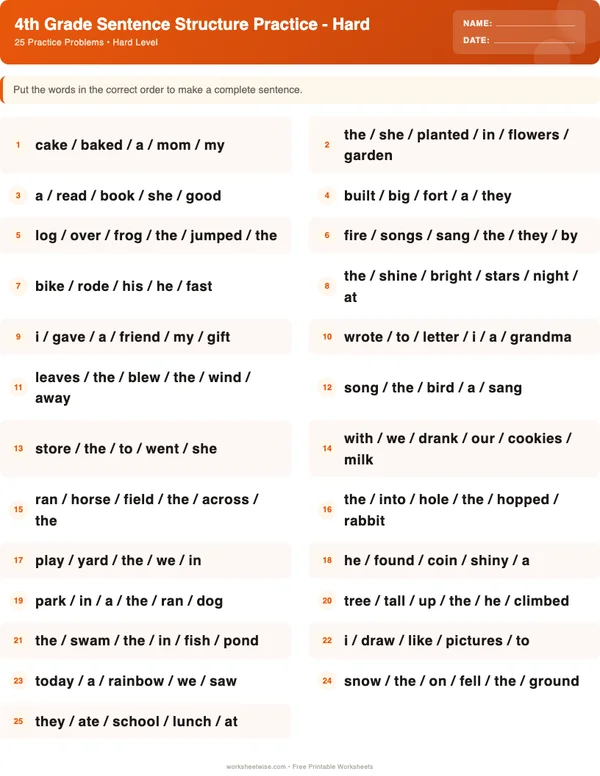 4th Grade Sentence Structure Worksheets - Halloween Theme (Hard)