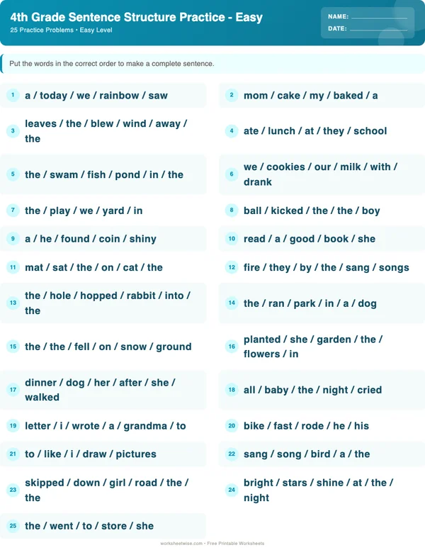 4th Grade Sentence Structure Worksheets - Ocean Theme (Easy)