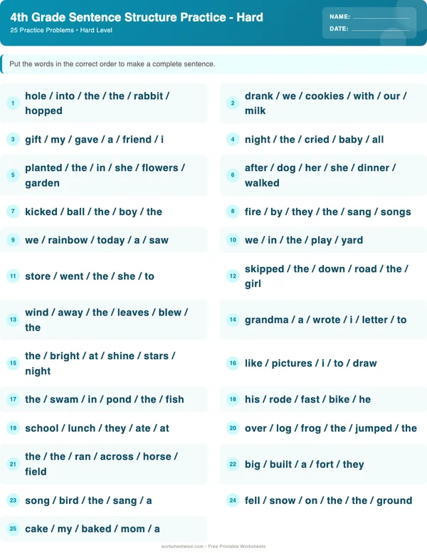 4th Grade Sentence Structure Worksheets - Ocean Theme (Hard)