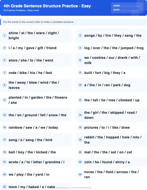 4th Grade Sentence Structure Worksheets - Standard Theme (Easy)