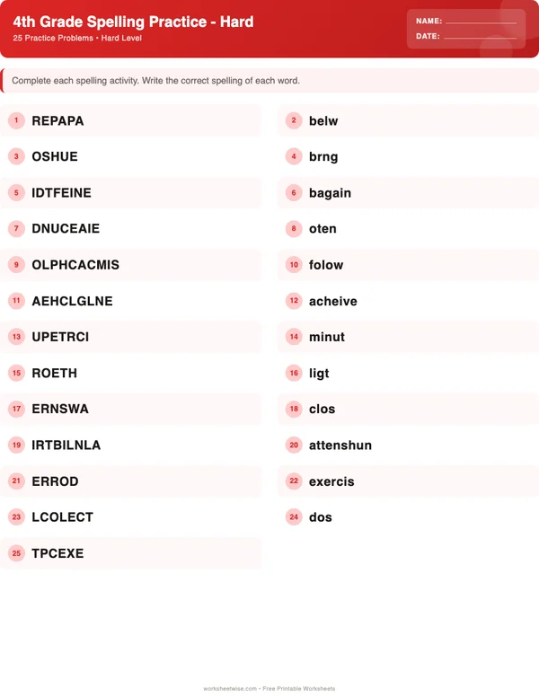 4th Grade Spelling Words Worksheets - Christmas Theme (Hard)