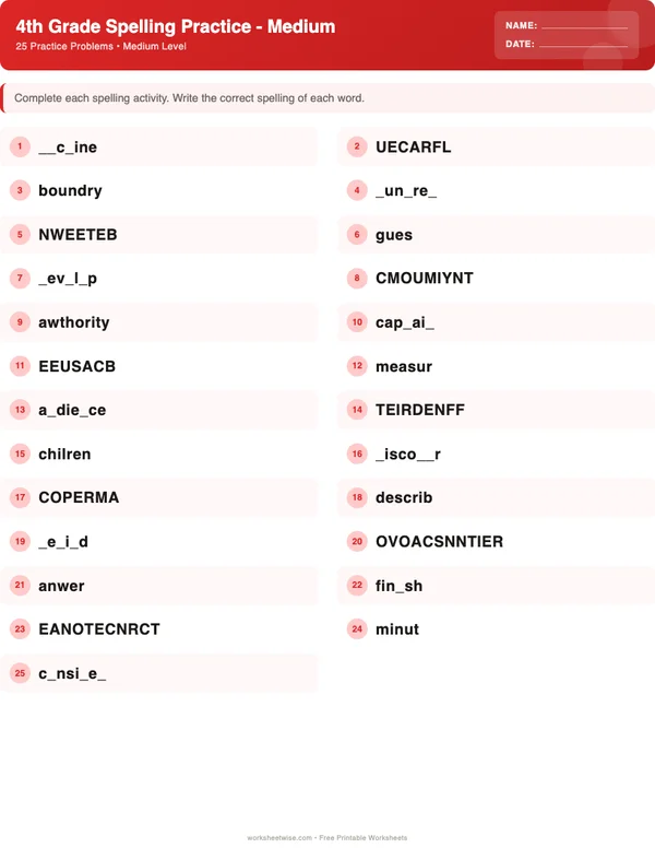 4th Grade Spelling Words Worksheets - Christmas Theme (Medium)