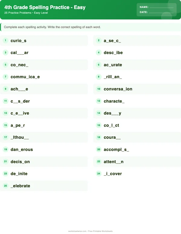 4th Grade Spelling Words Worksheets - Dinosaur Theme (Easy)