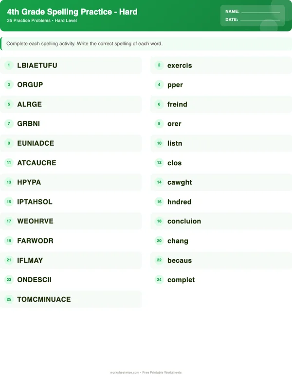 4th Grade Spelling Words Worksheets - Dinosaur Theme (Hard)