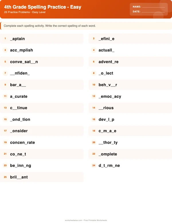 4th Grade Spelling Words Worksheets - Halloween Theme (Easy)