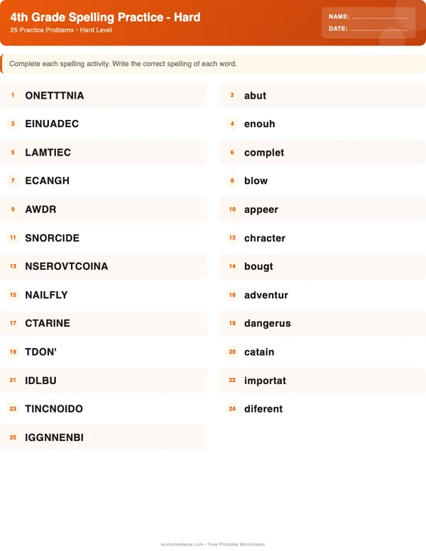4th Grade Spelling Words Worksheets - Halloween Theme (Hard)
