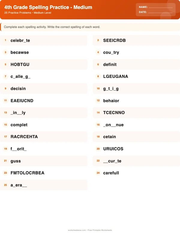 4th Grade Spelling Words Worksheets - Halloween Theme (Medium)