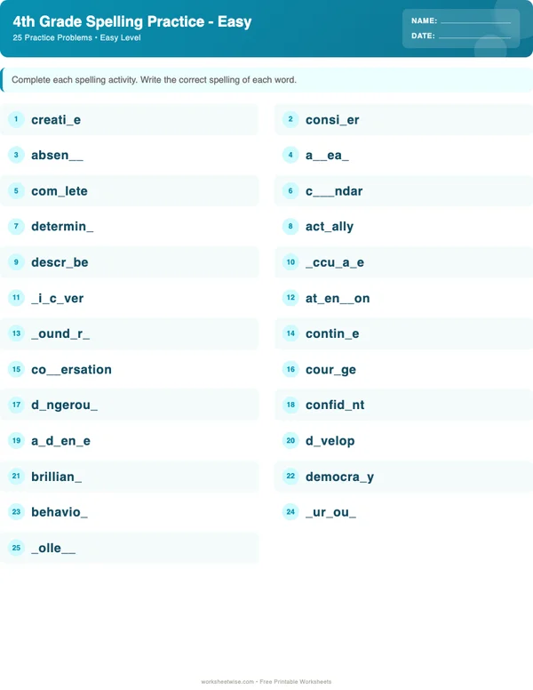 4th Grade Spelling Words Worksheets - Ocean Theme (Easy)