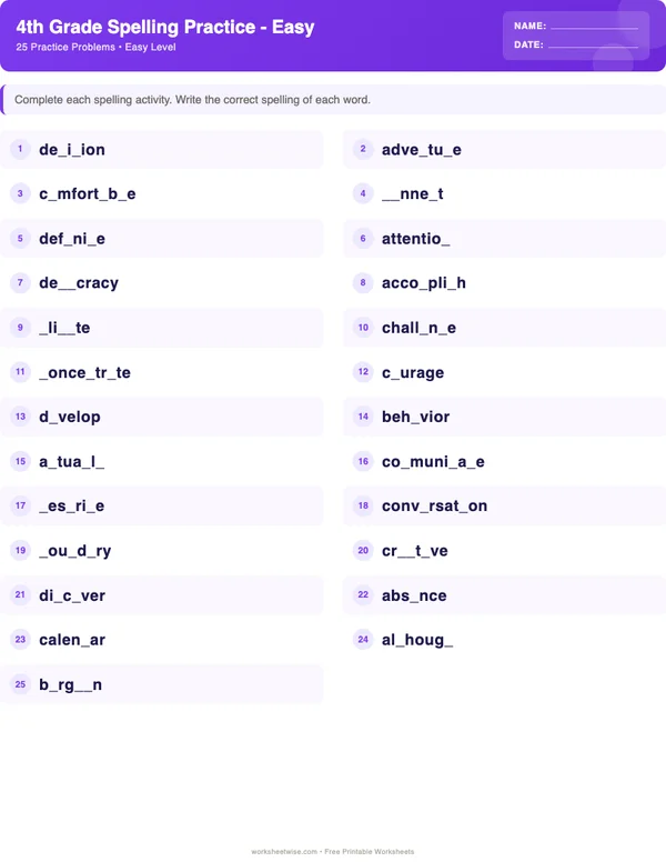 4th Grade Spelling Words Worksheets - Space Theme (Easy)