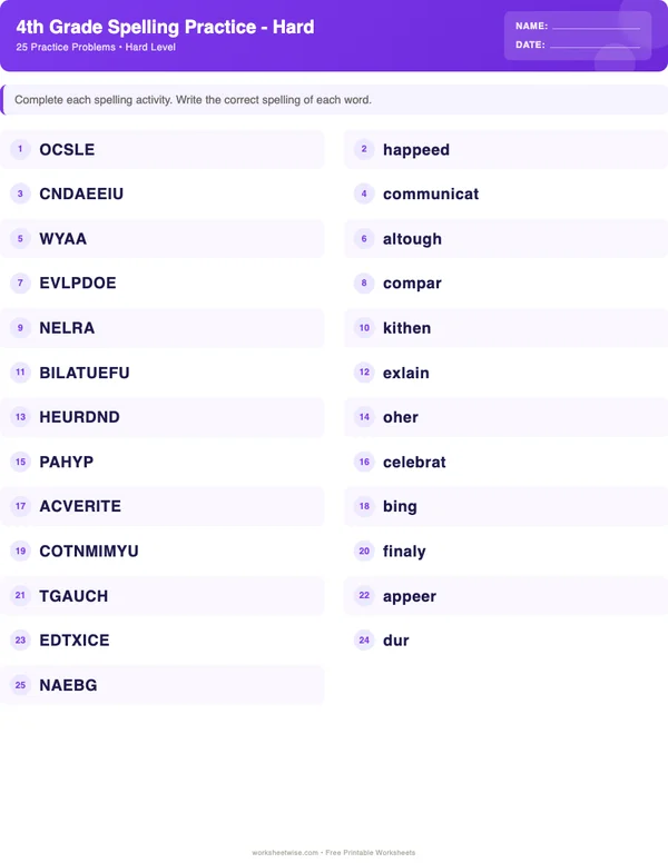 4th Grade Spelling Words Worksheets - Space Theme (Hard)