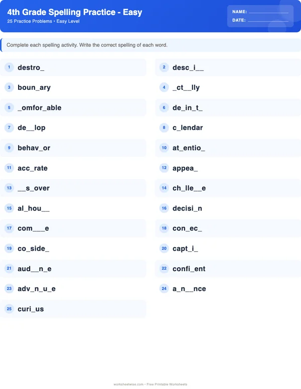 4th Grade Spelling Words Worksheets - Standard Theme (Easy)